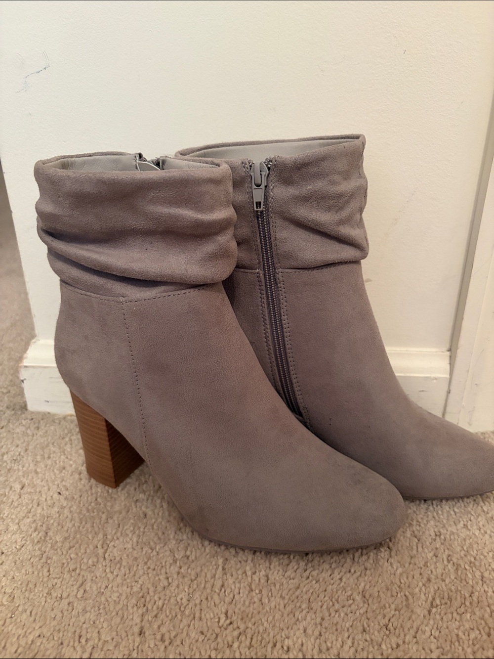 New York & Company Taupe Suede Slouch Ankle Boots with Block Heel